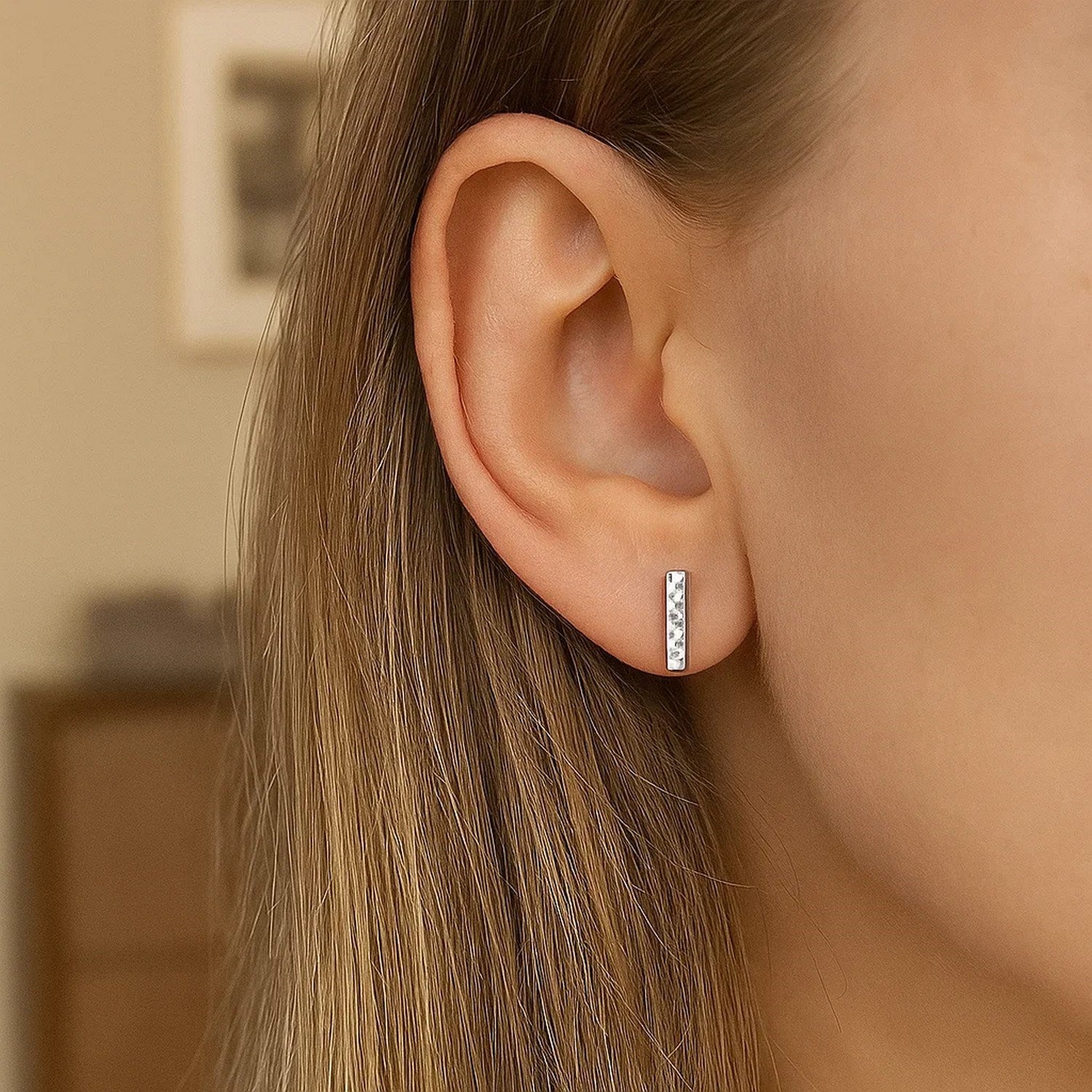 14k White Gold Textured Bar Earrings