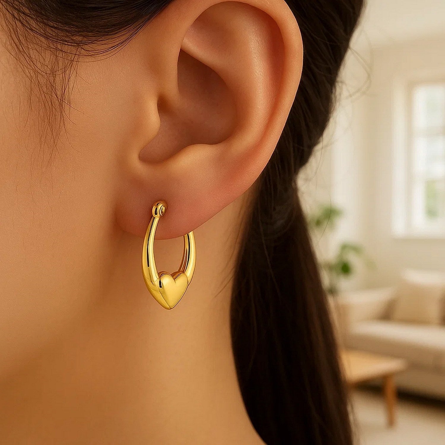 Small Heart Hoop Earrings in 14K Yellow Gold