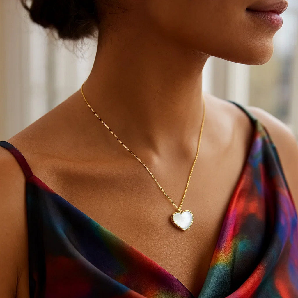 14k Yellow Gold High Polish Heart Pearl Paste Necklace