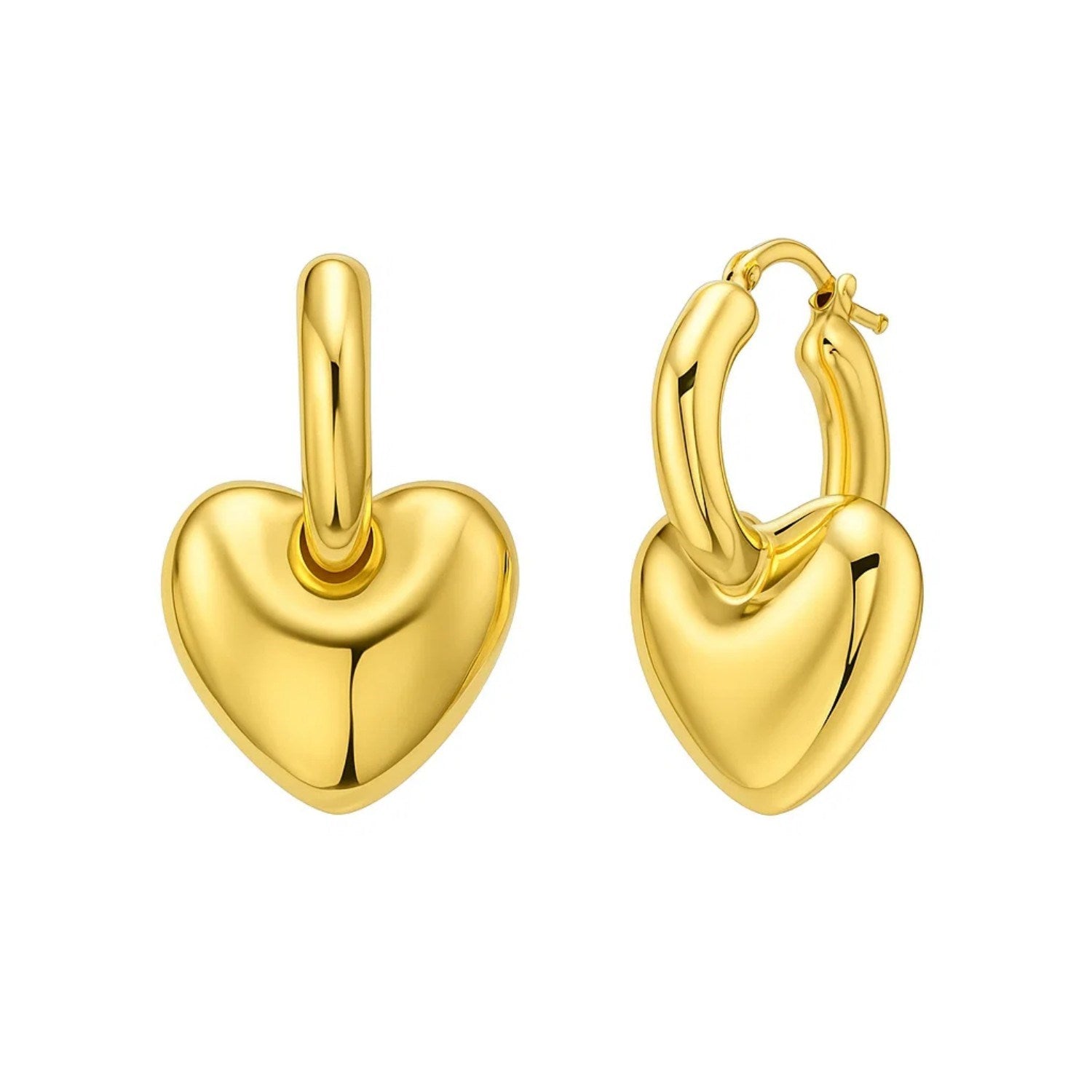 14K Yellow Gold Puffy Heart Dangle Huggie Hoops Earrings