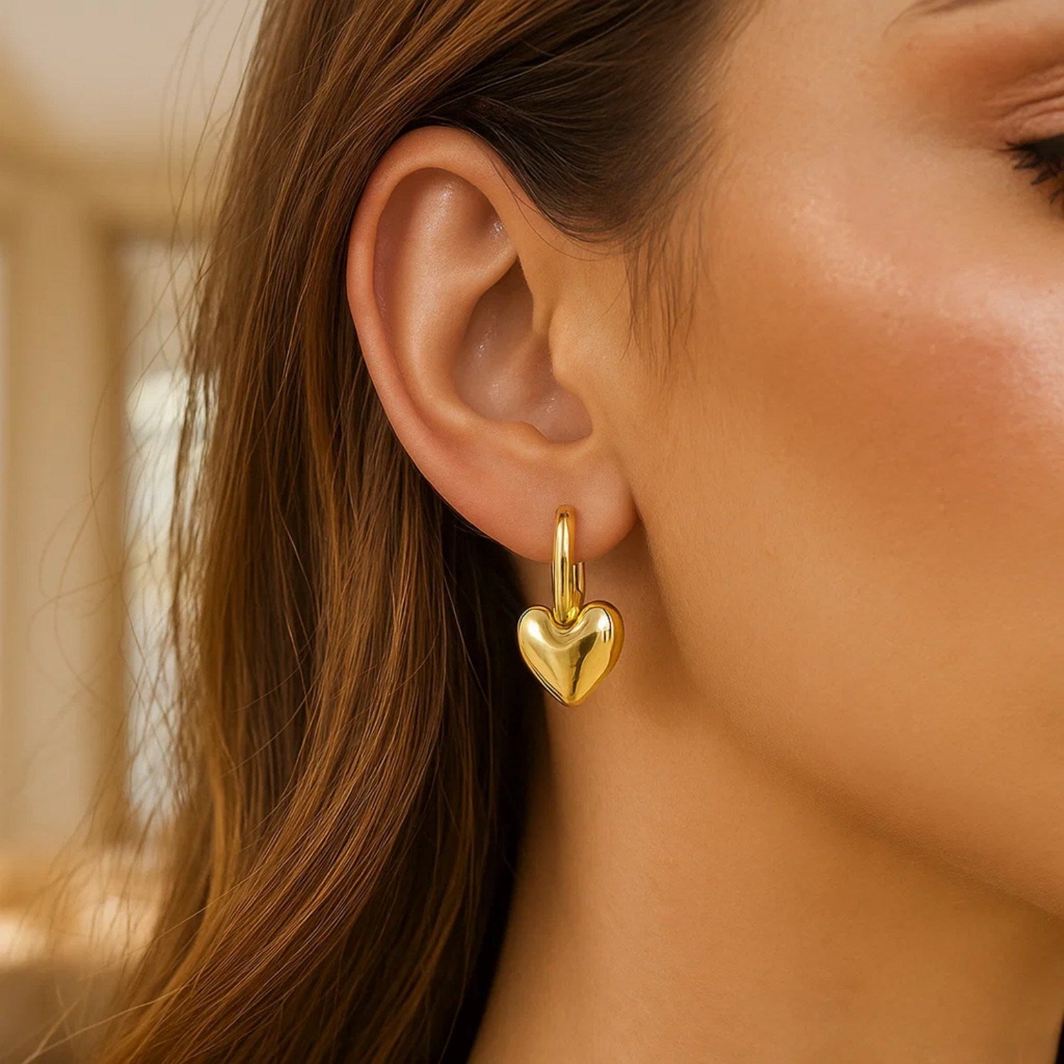 14K Yellow Gold Puffy Heart Dangle Huggie Hoops Earrings