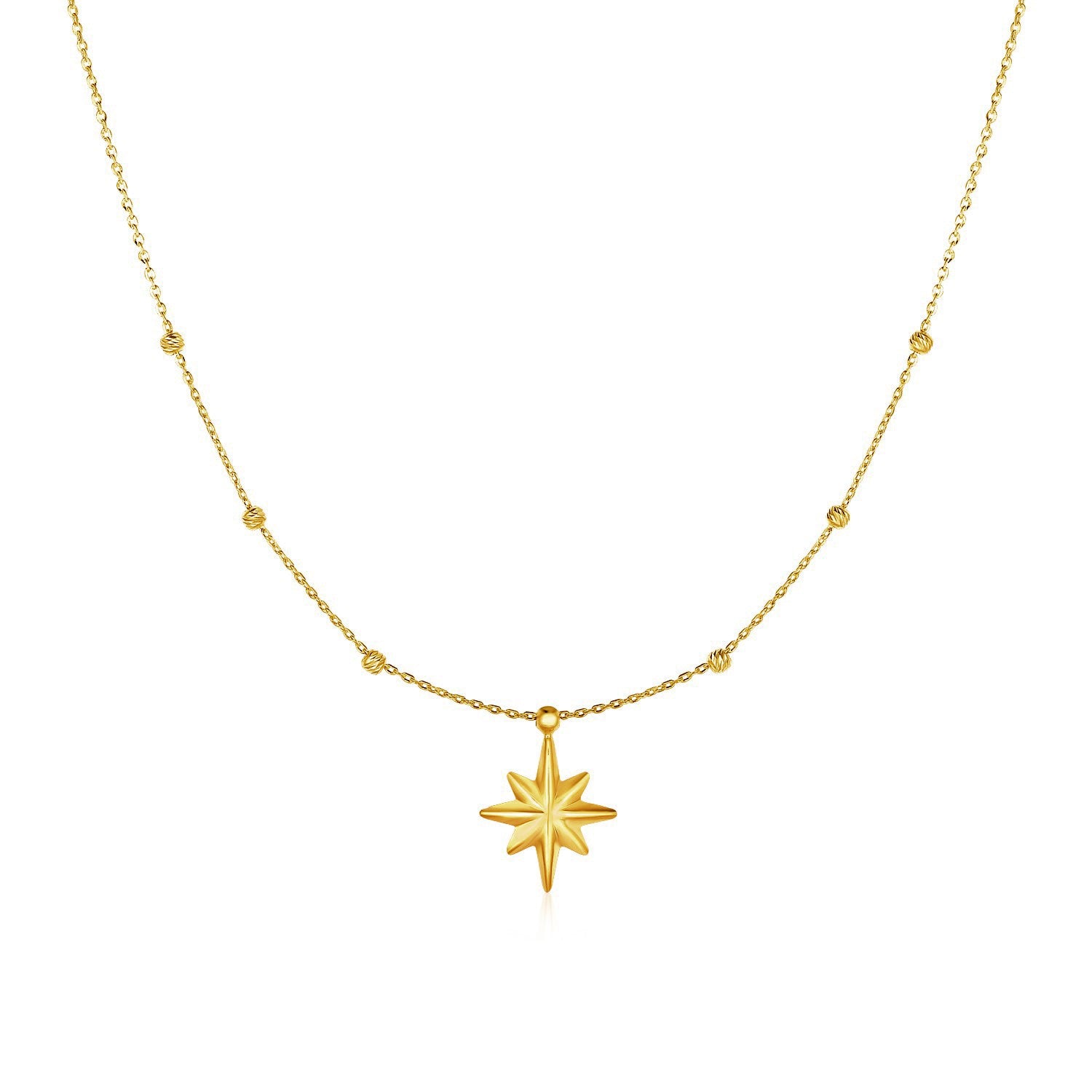14k Yellow Gold Necklace with Eight Pointed Star and Beads