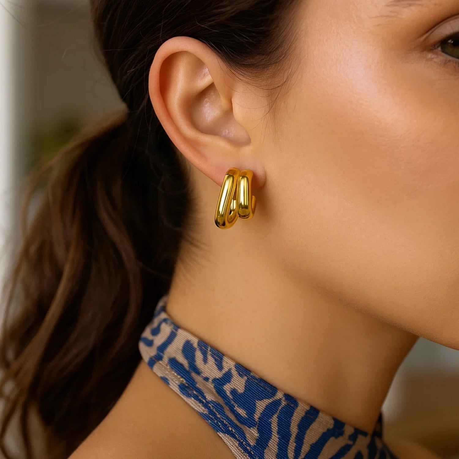 Sterling Silver Yellow Gold Plated Double Row Big and Small Hoop Earrings