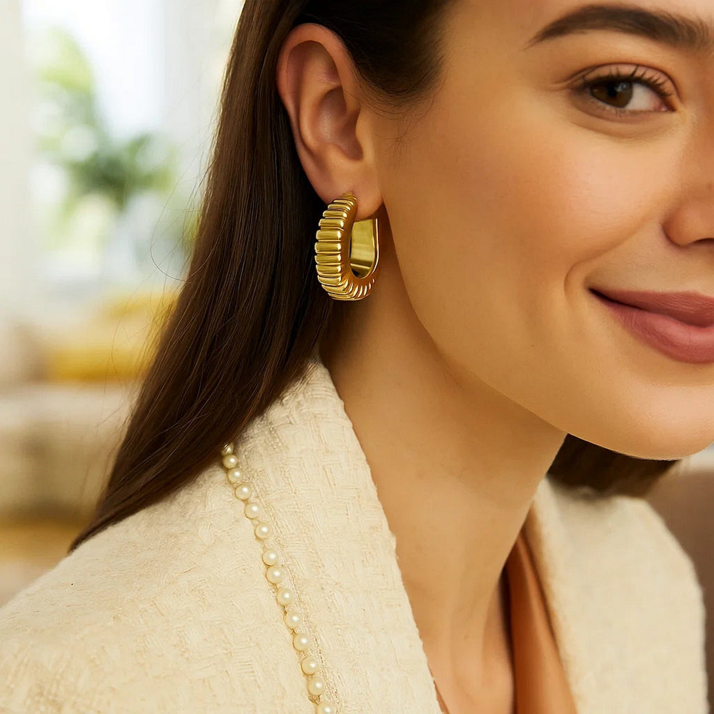 14K Yellow Gold Polished Puffed Ribbed Hoop Earrings