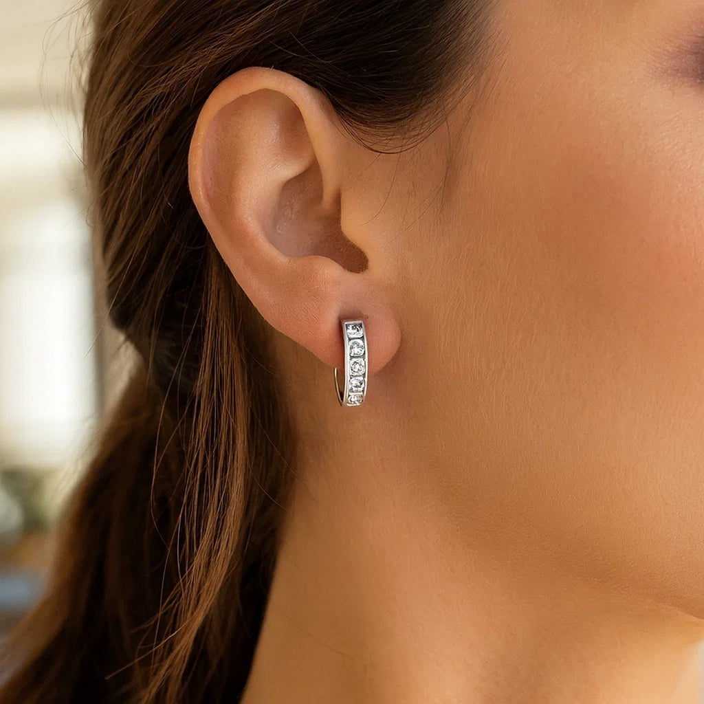 Sterling Silver Channel Set CZ Hoop Earrings (3x15 mm)