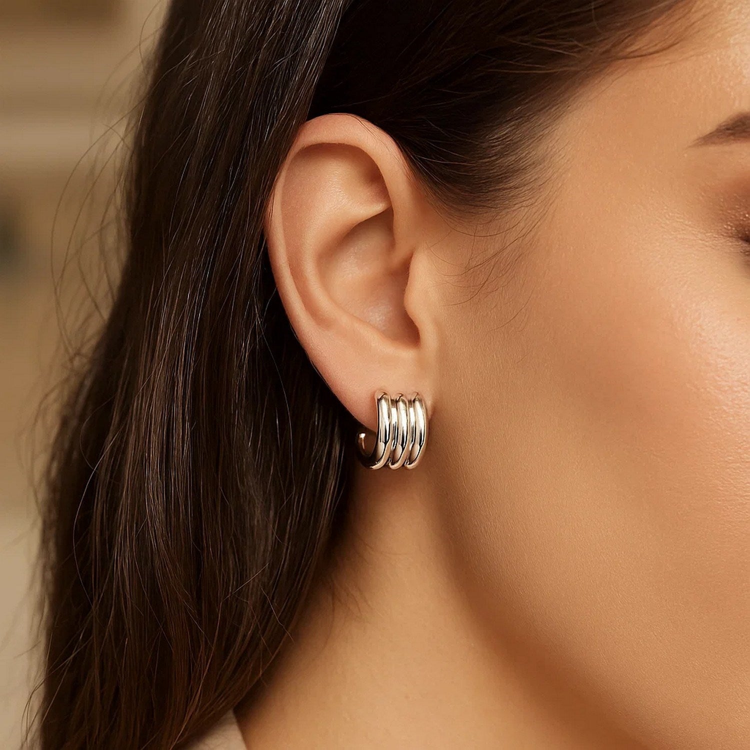 Sterling Silver Triple Row C Hoop Earrings