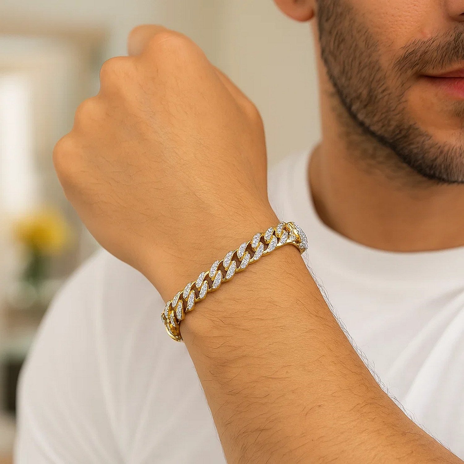 14k Yellow Gold White Pave High Polish Modern Lite Miami Cuban Bracelet(8.00 mm)