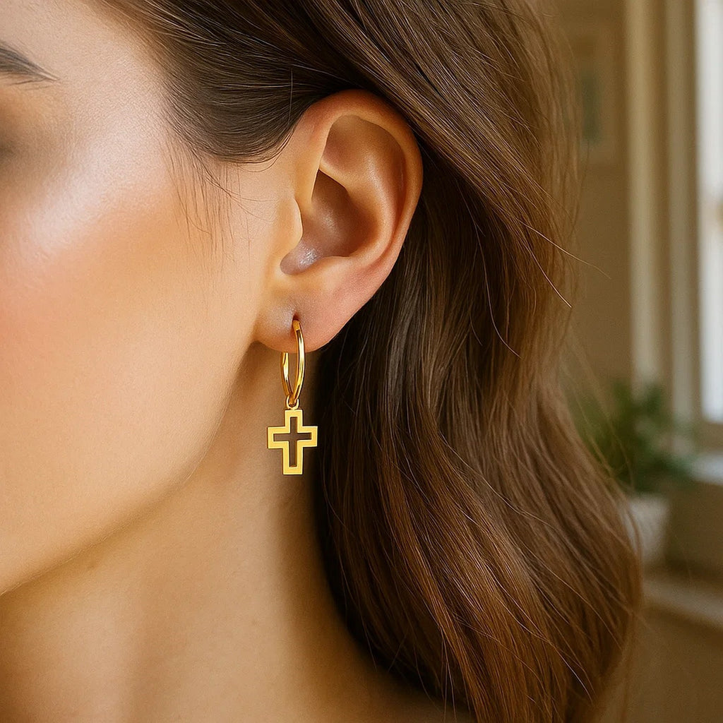14K Yellow Gold Hoop Polished Earrings with Crosses