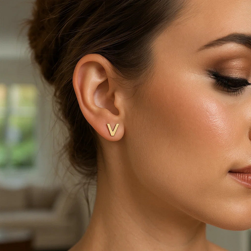 14K Yellow Gold Yours Truly Initial V Stud Earrings