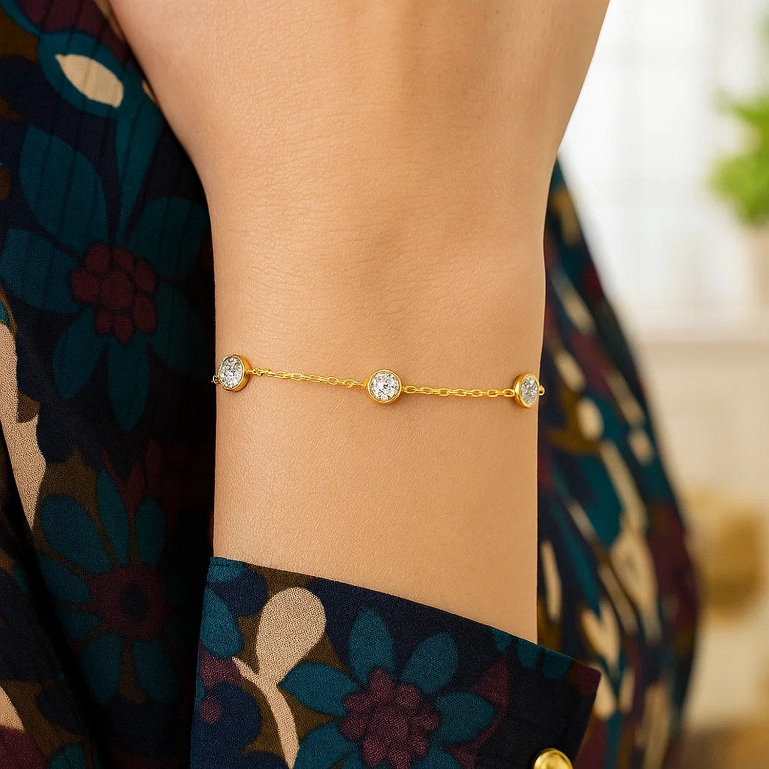 14K Yellow Gold CZ Station Bracelet