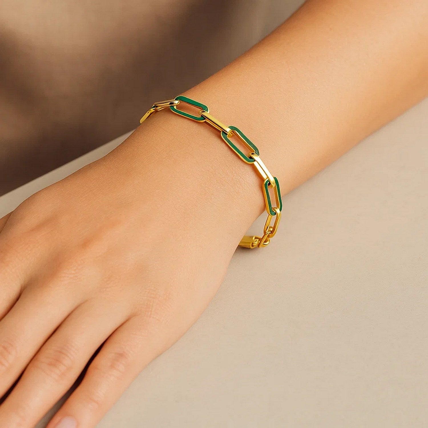 14k Yellow Gold Malachite Paperclip Gem Link Bracelet (7.00 mm)
