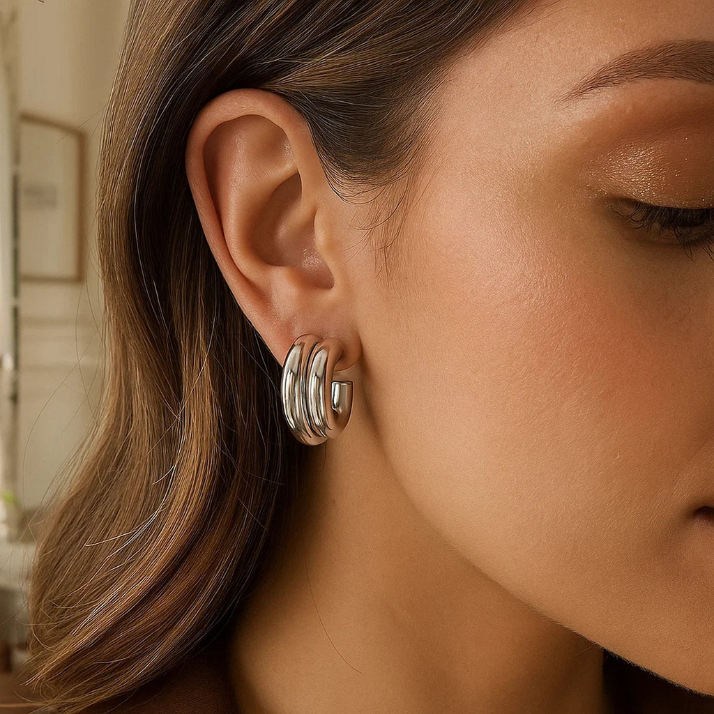 Sterling Silver Double Row Big and Small Round Hoop Earrings