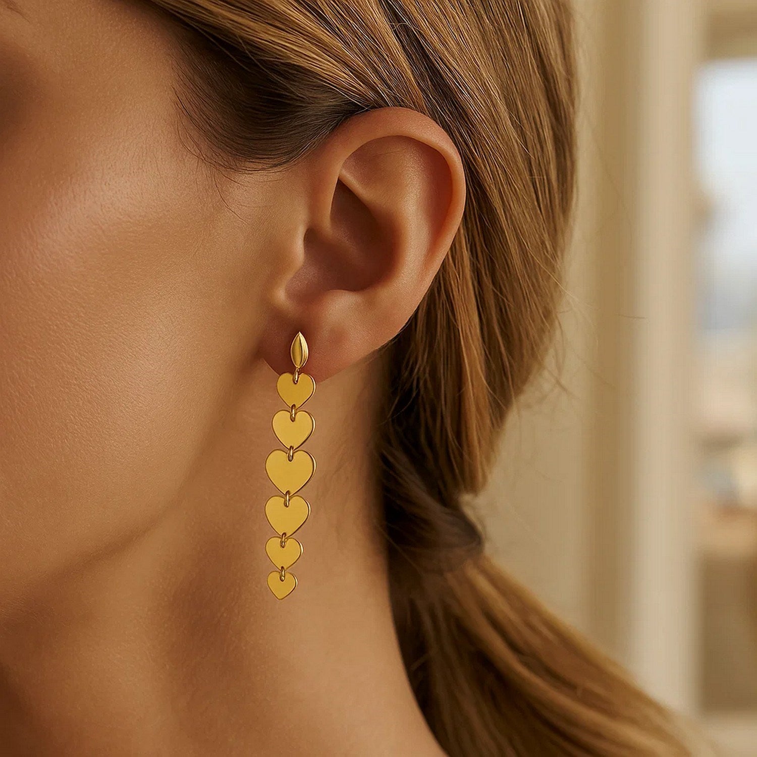 14K Yellow Gold Heart Drop Earrings