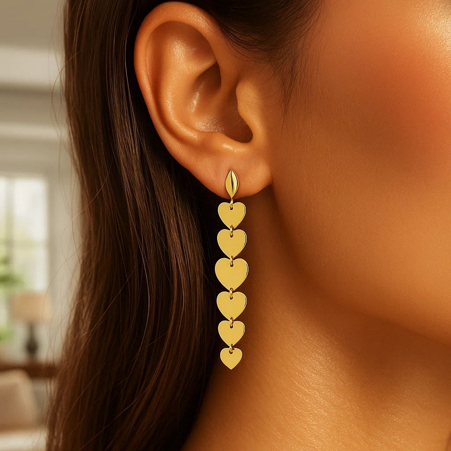 14K Yellow Gold Heart Drop Earrings