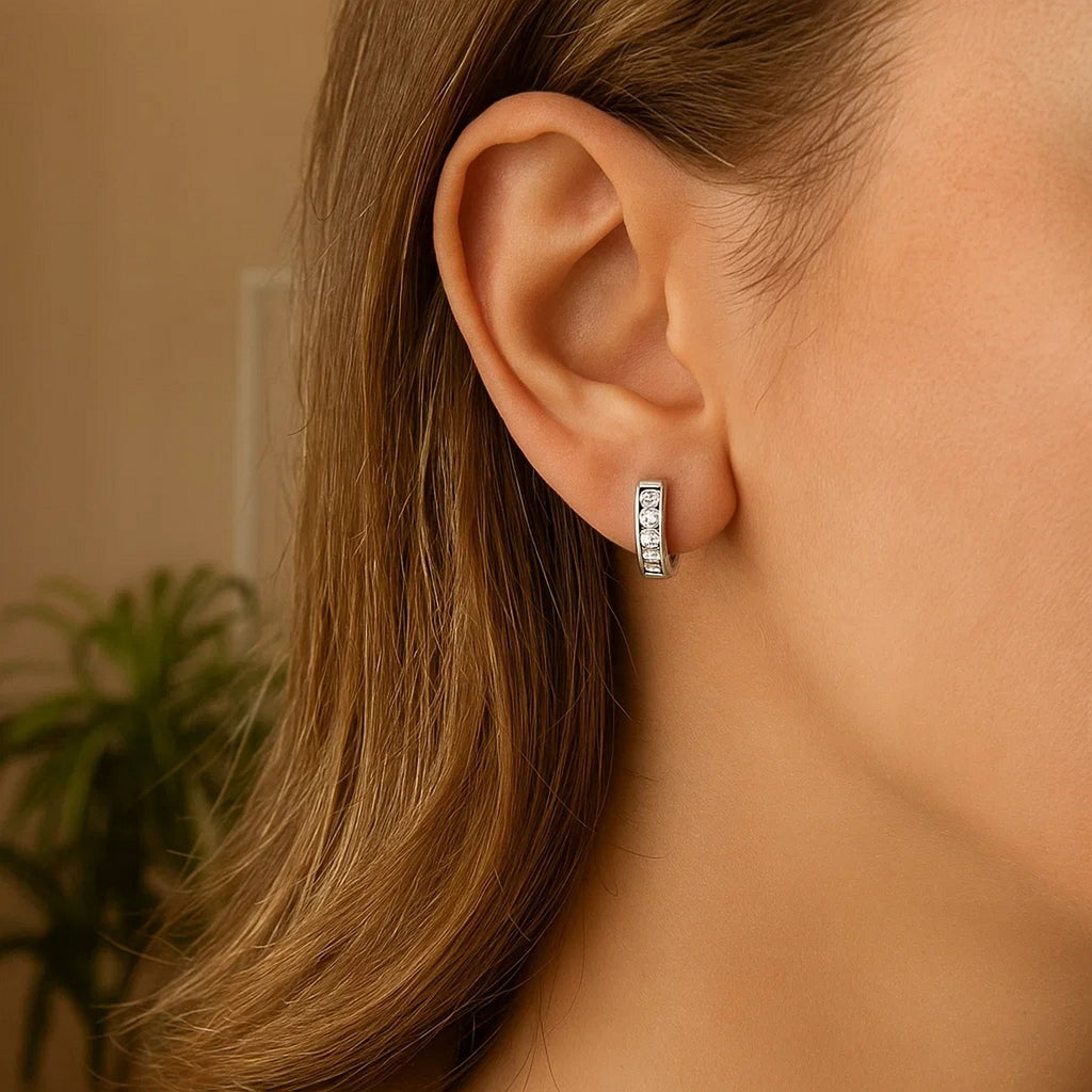 Sterling Silver Petite Hoop Earrings with Cubic Zirconias(3x10mm)