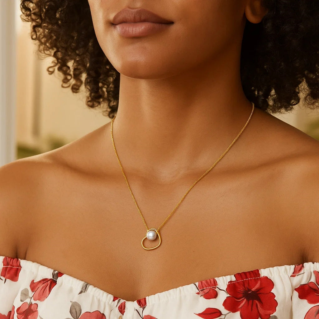 Open Heart and Pearl Necklace in 14K Yellow Gold