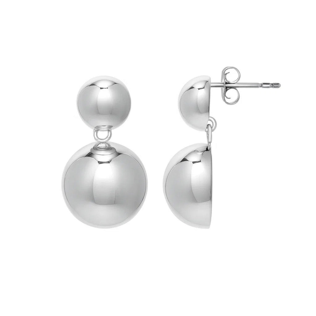 Sterling Silver Rhodium Plated Puffed Round Double Button Drop Earrings