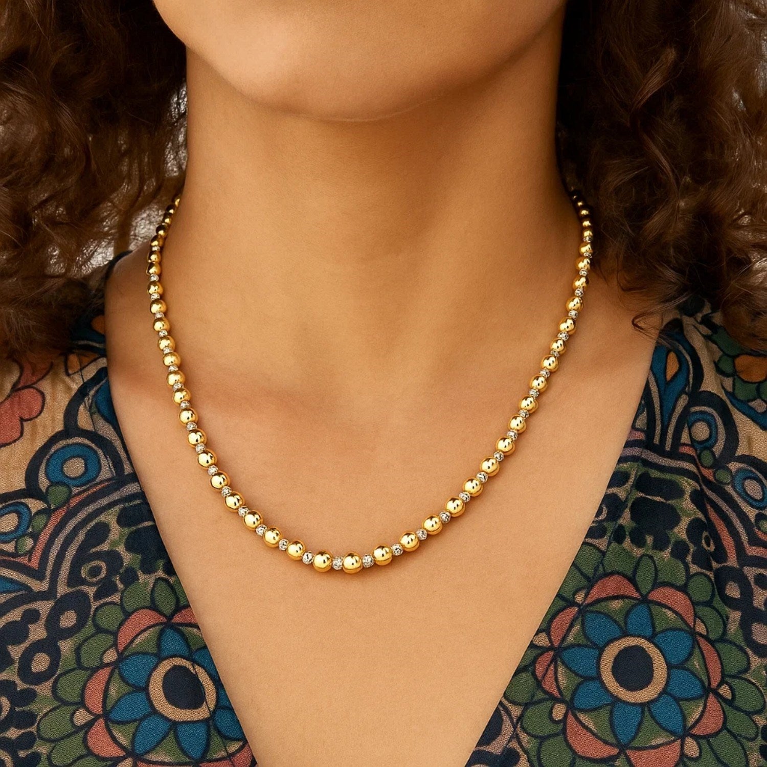 Two Tone Beaded Chain Necklace in 14K Gold
