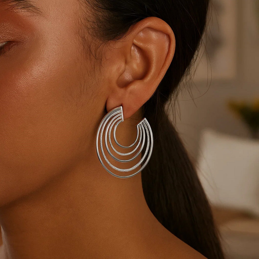 Sterling Silver Diamond Cut and Polished Five Row Hoop Earrings