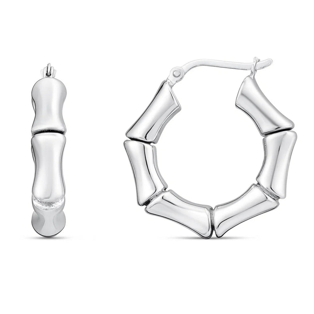 Sterling Silver Rhodium Plated Bold Bamboo Hoop Earrings