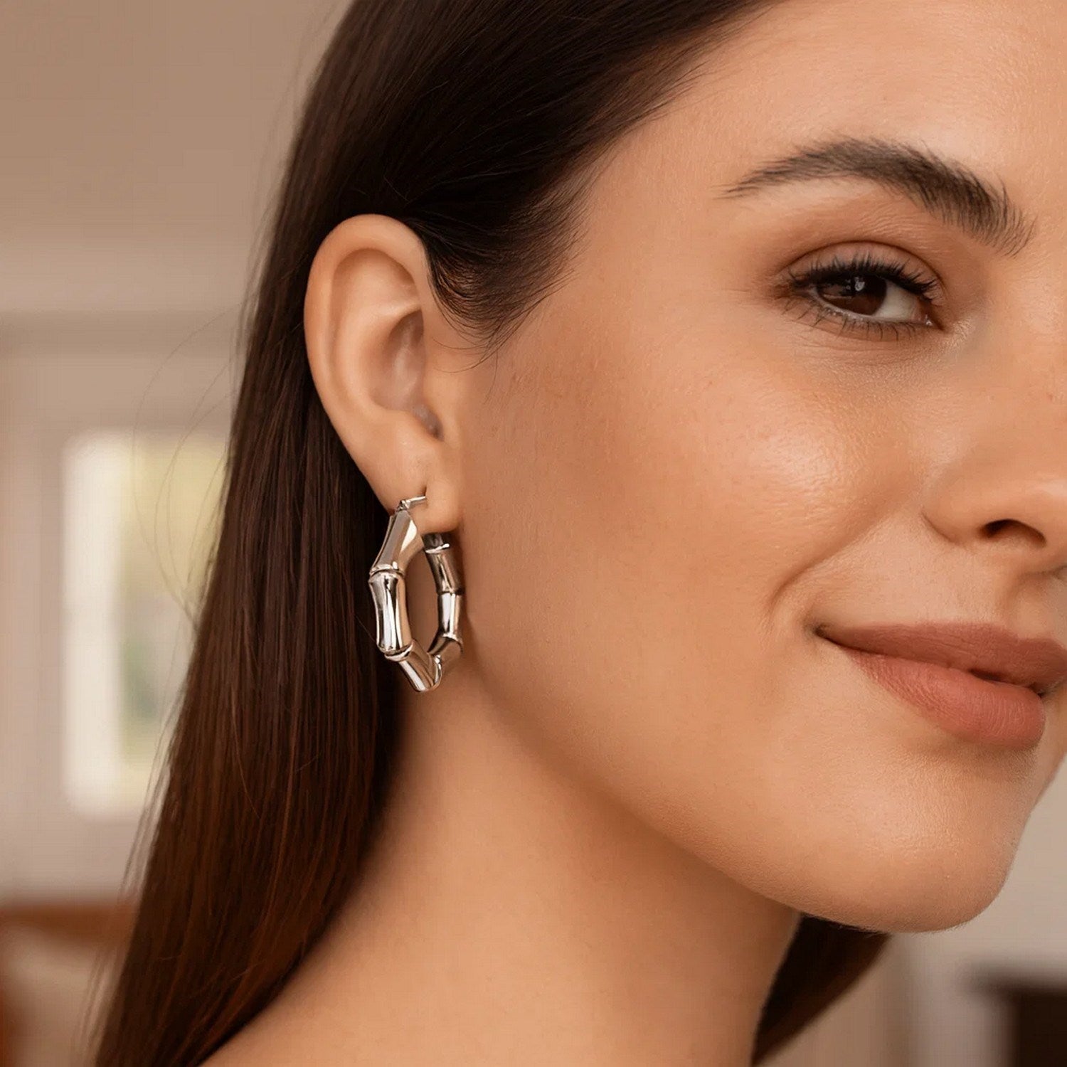 Sterling Silver Rhodium Plated Bold Bamboo Hoop Earrings