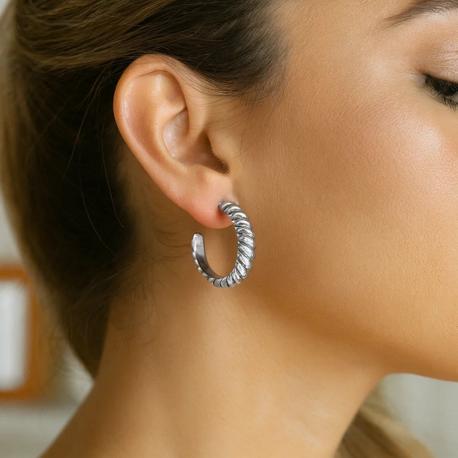 Sterling Silver Rhodium Plated Large Ribbed Twisted Hoop Earrings