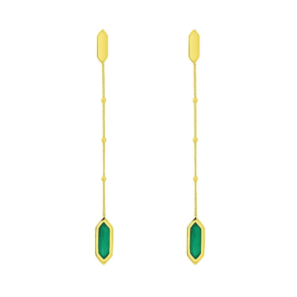 14K Yellow Gold Hexagon Malachite Drop Earrings