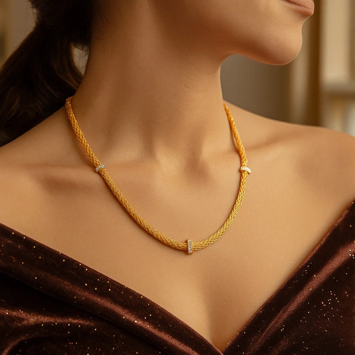 Woven Rope Necklace with Diamond Accents in 14k Yellow Gold