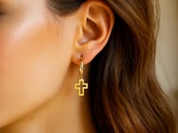 14K Yellow Gold Hoop Polished Earrings with Crosses
