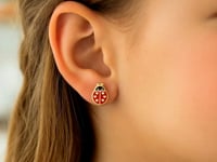 14K Yellow Gold Ladybug Enamel Earrings
